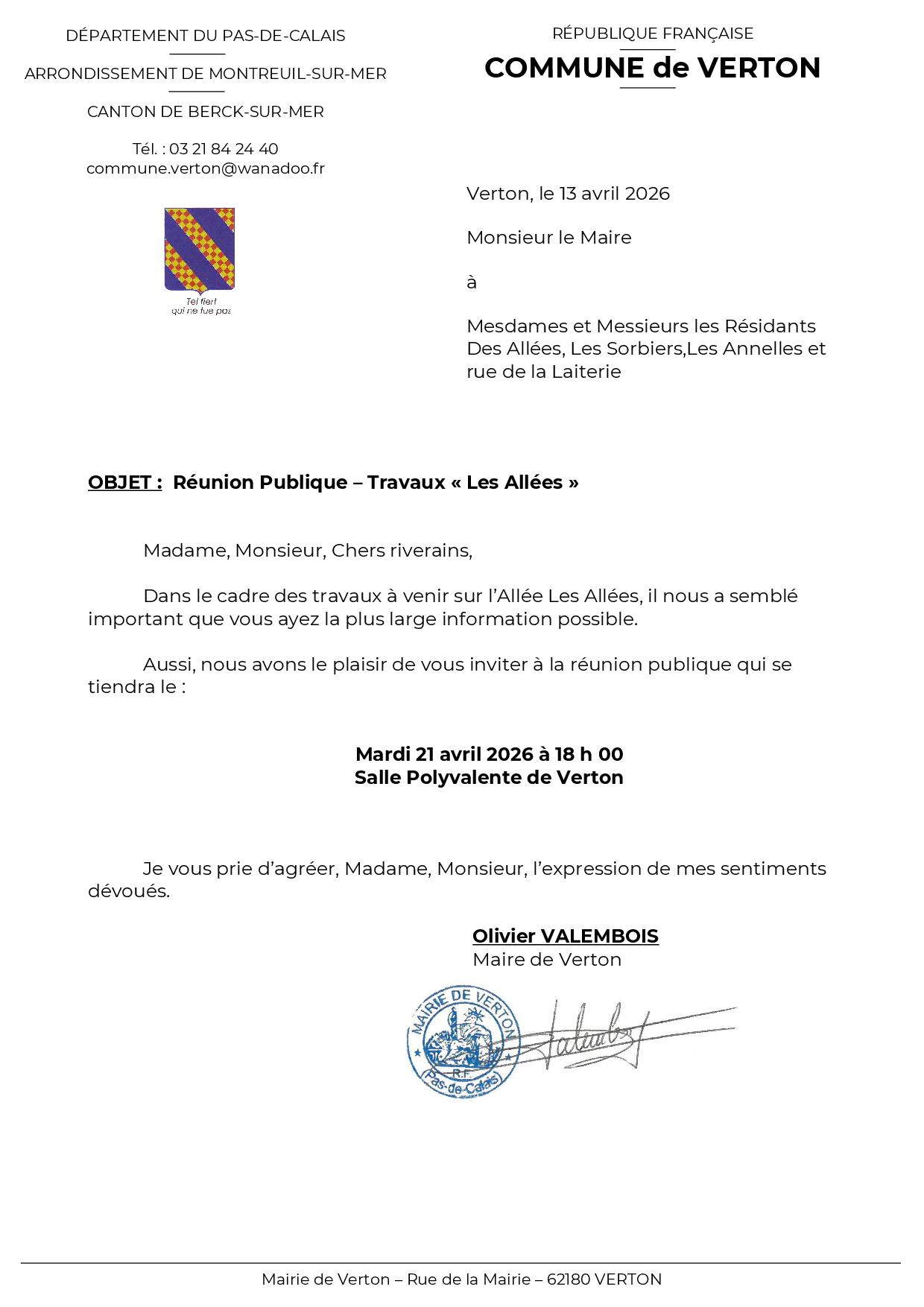 Courrier Secrétariat Général Réunion publique LES ALLÉES